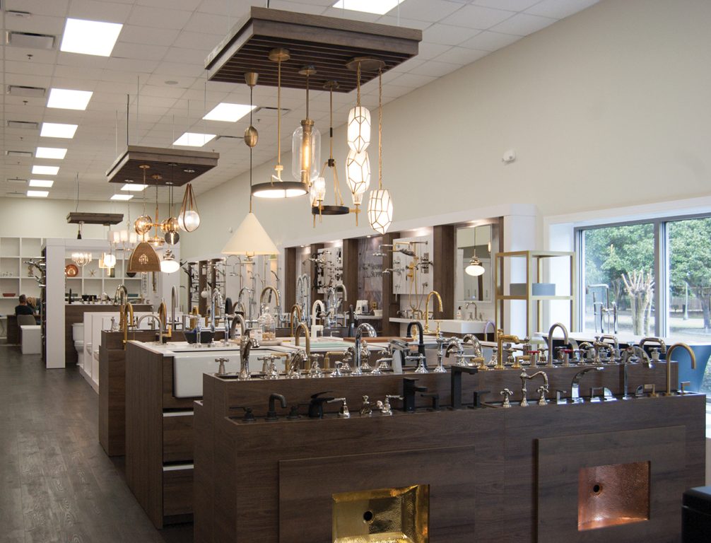 A store showroom with many sinks and lights