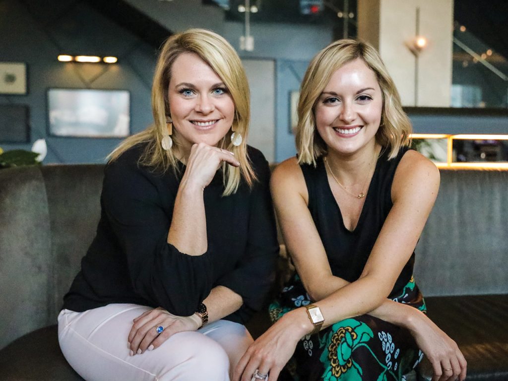 Two blond women sitting on a couch