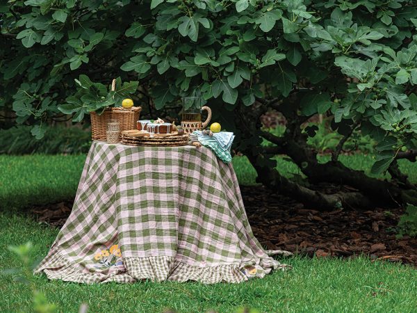 A fig cake on a table covered in a pink and green checkered table cloth in front of a fig tree