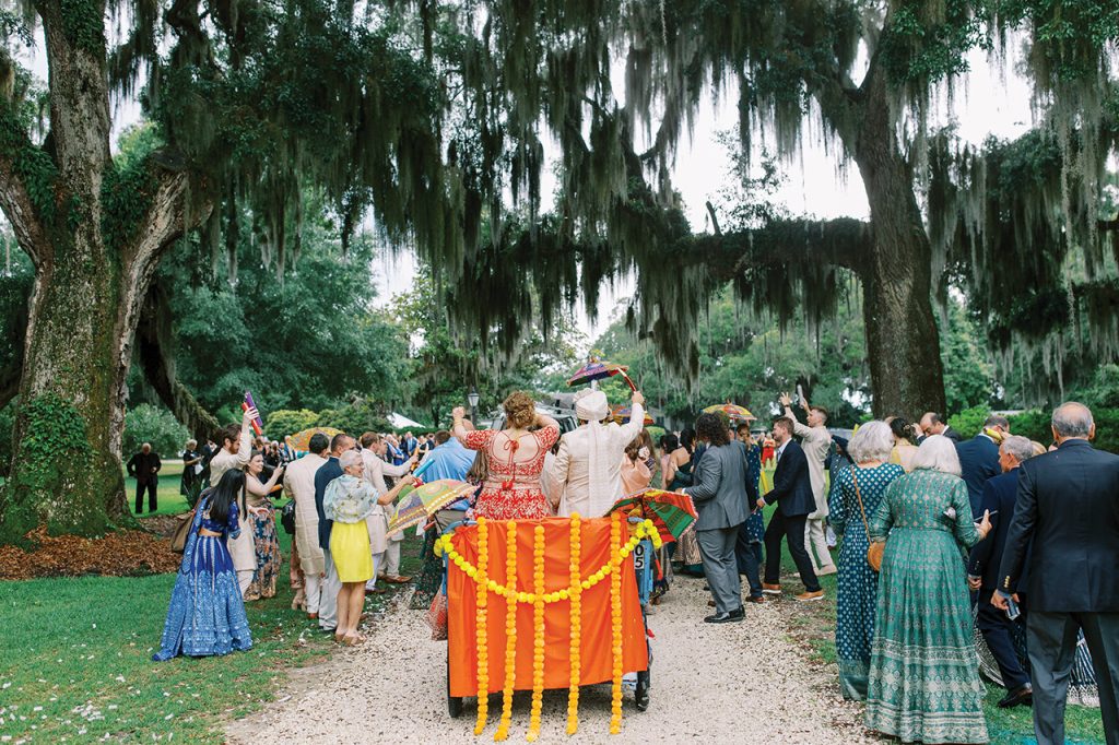A bride and groom being whisked away in a pedicab