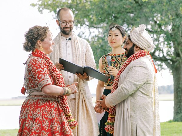 A bride and groom saying their wedding vows