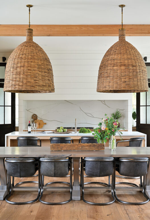 Dining table with huge woven chandeliers