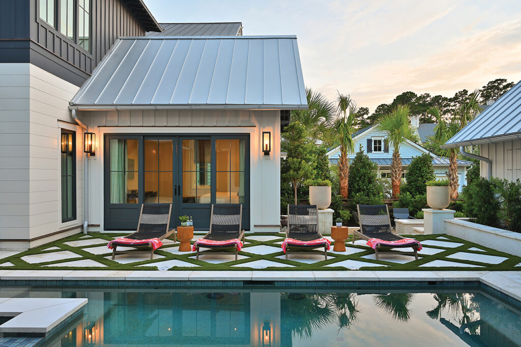 Lounge chairs on a pool deck