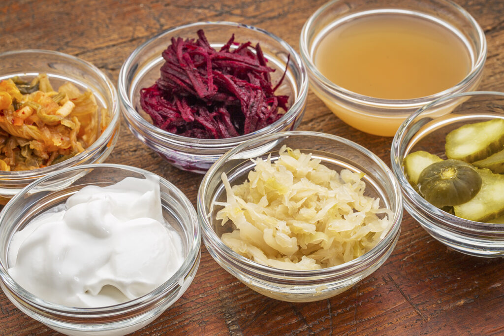 gut health small glass bowls of fermented foods