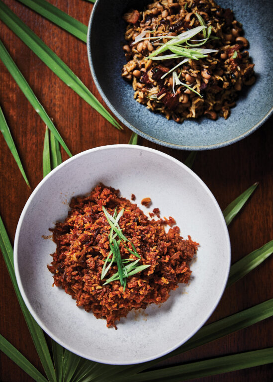 Bowls of Hoppin' John and jollof rice