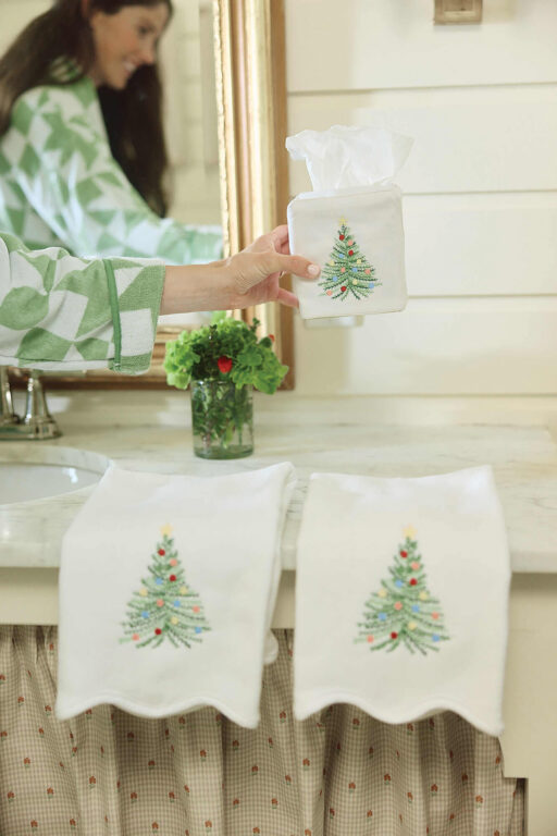 White scalloped hand towels and tissue box cover with embroidered Christmas tree