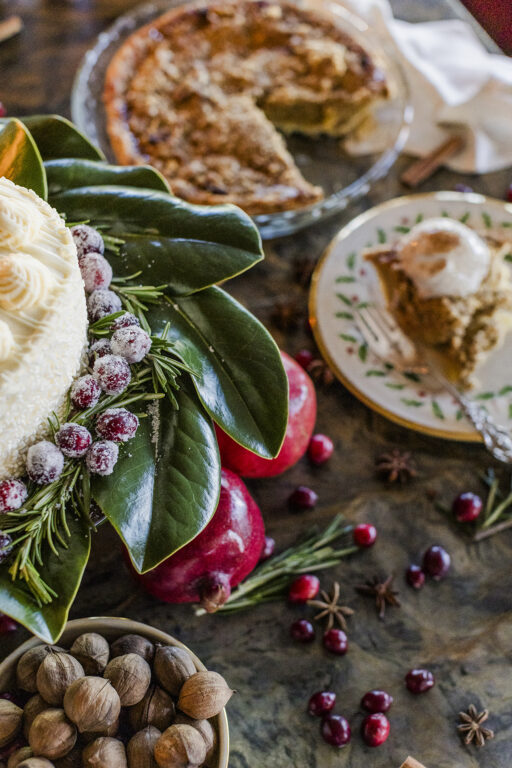 Cakes and pies on a kitchen island