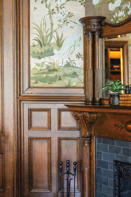 Intricately carved fireplace mantel