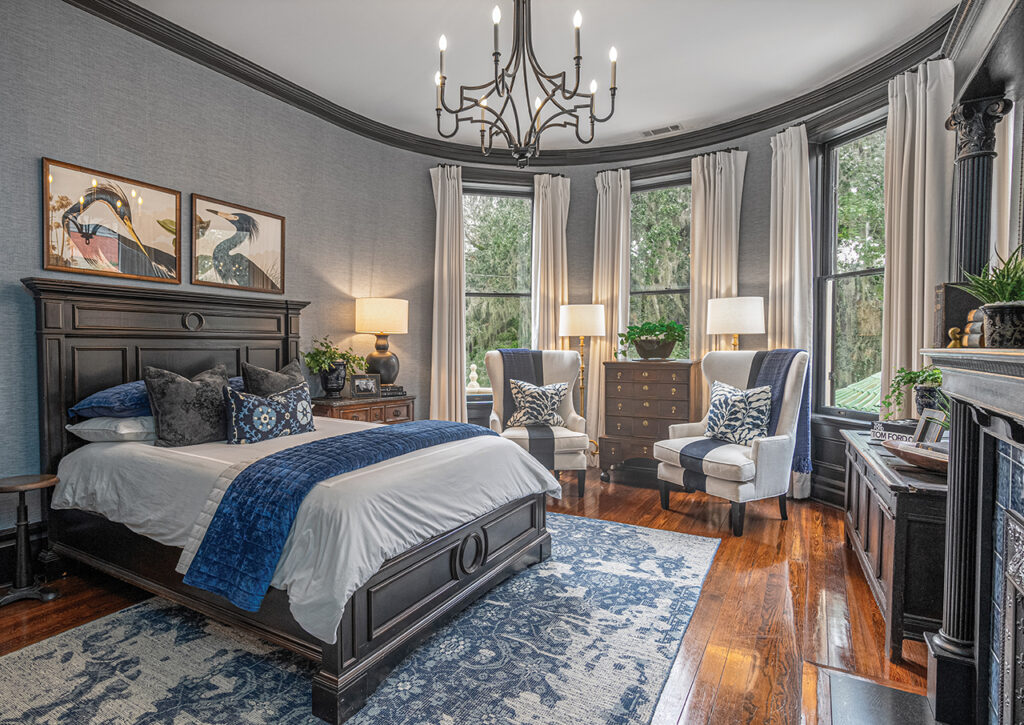 Grey and navy blue bedroom