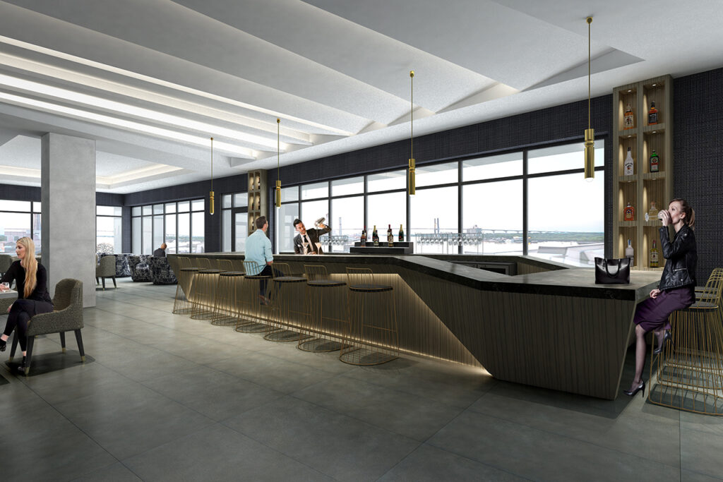 Artist rendering of people drinking at a rooftop bar