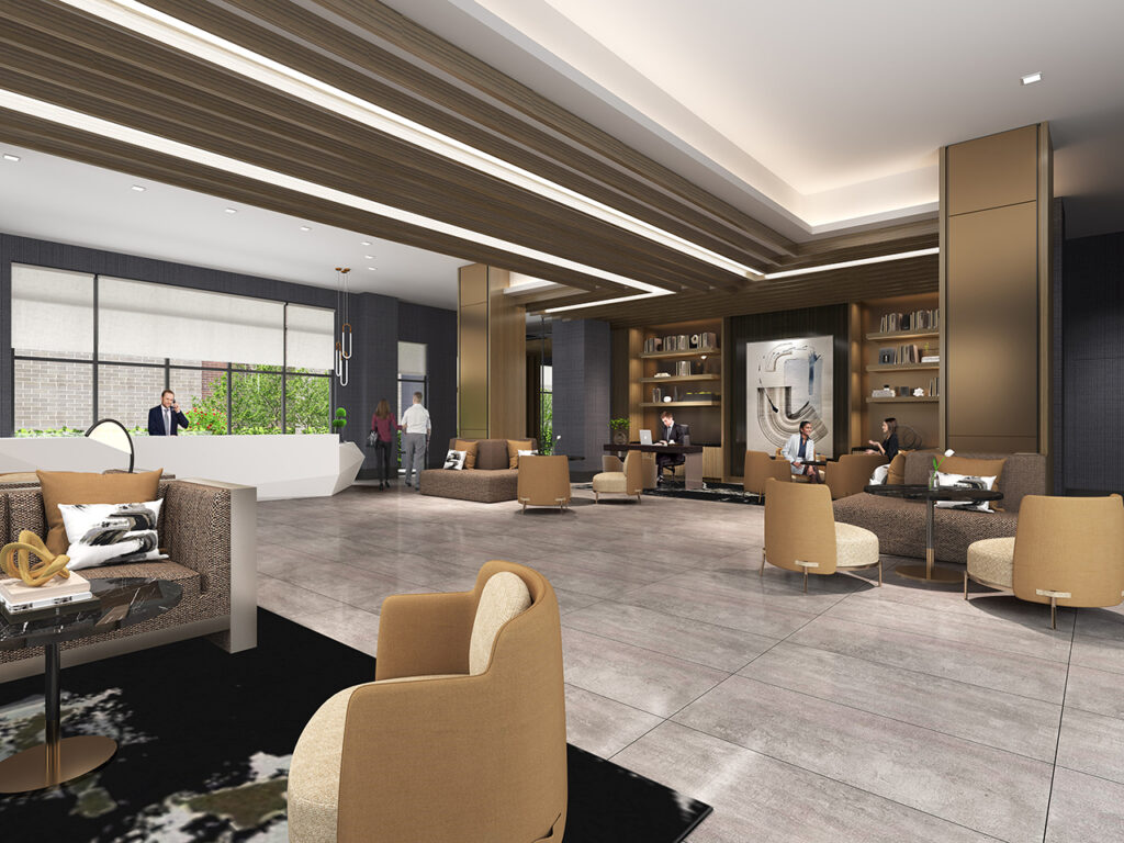 Artist rendering of a hotel lobby