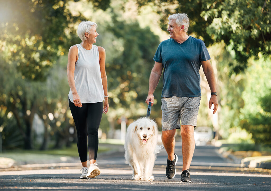 Older couple walking a white dog