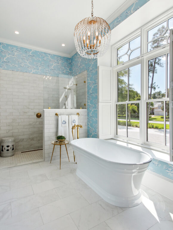 Large bathroom with a soaking tub