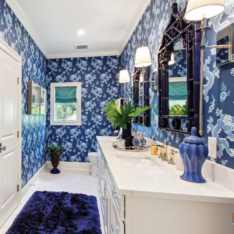 Bathroom with blue dragon wallpaper