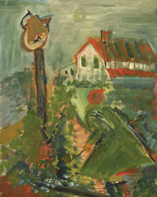An expressionist painting of a woman ringing a dinner bell on a farm