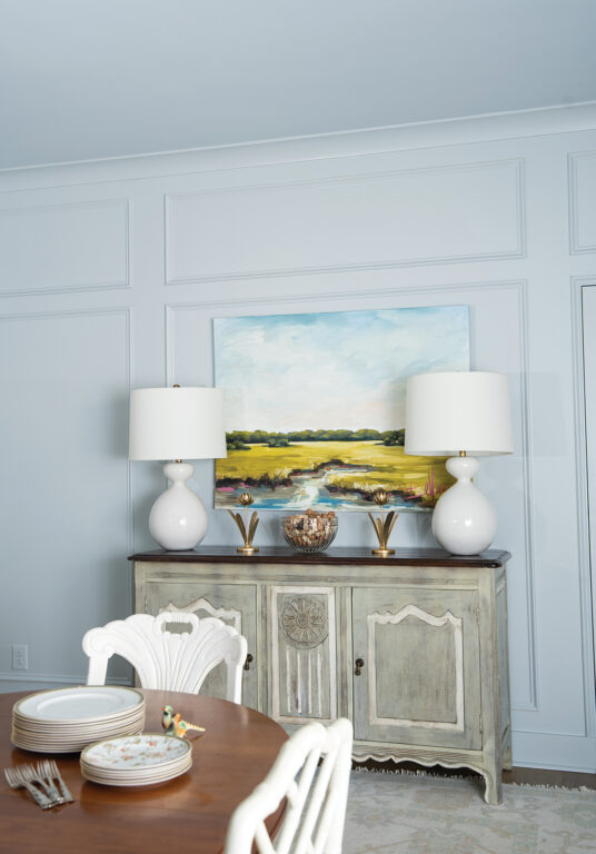 Dining room with walls and ceiling painted light blue