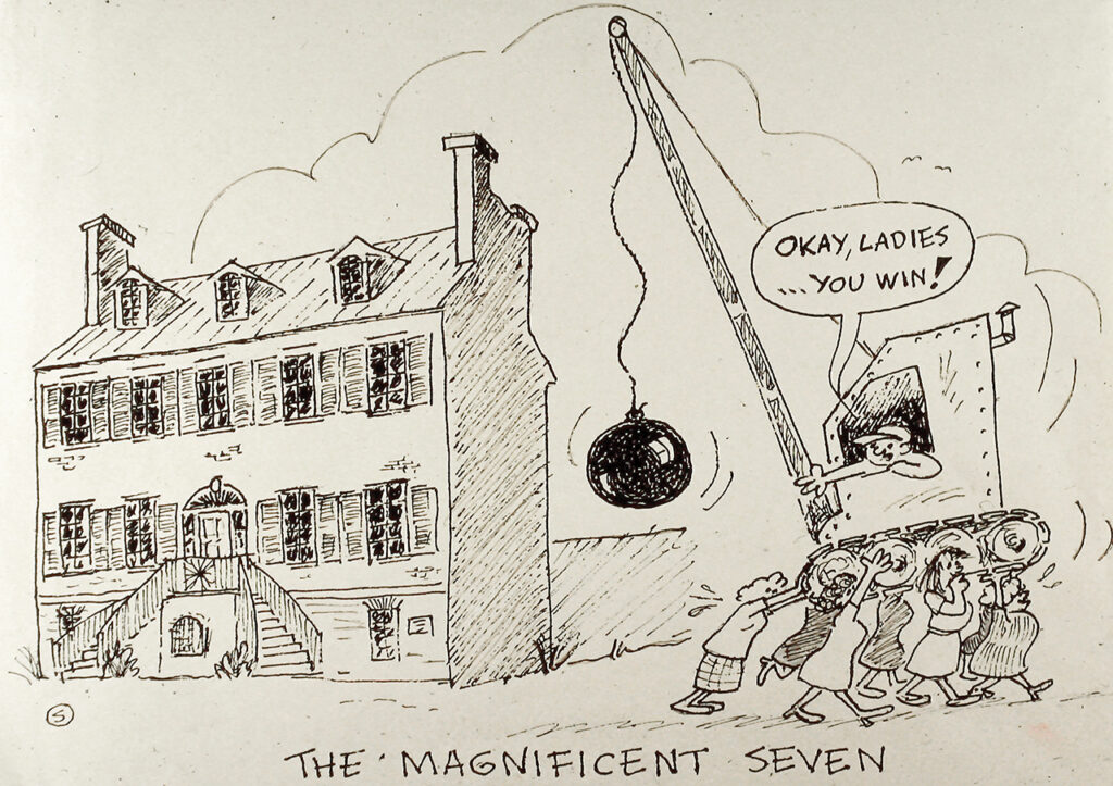 a newspaper cartoon of a group of women carrying a wrecking ball away from a historic building
