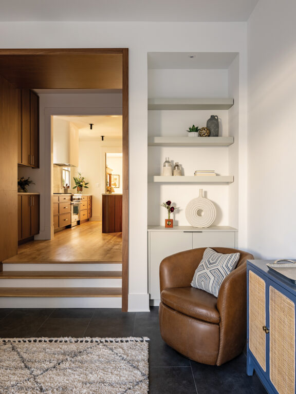 Family room with built in bookshelves
