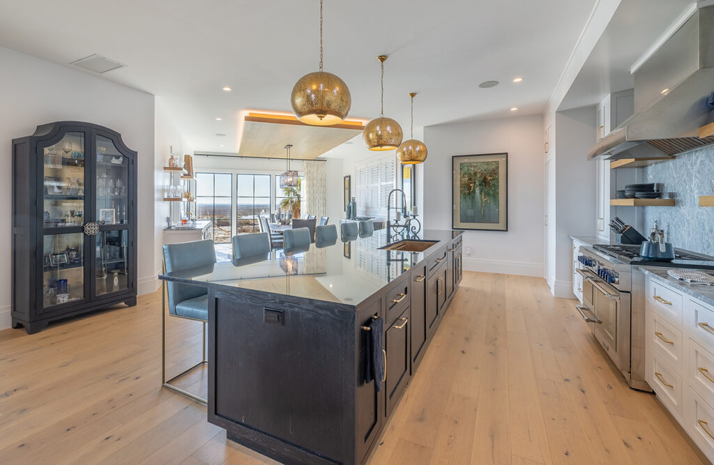 A kitchen island that seats six