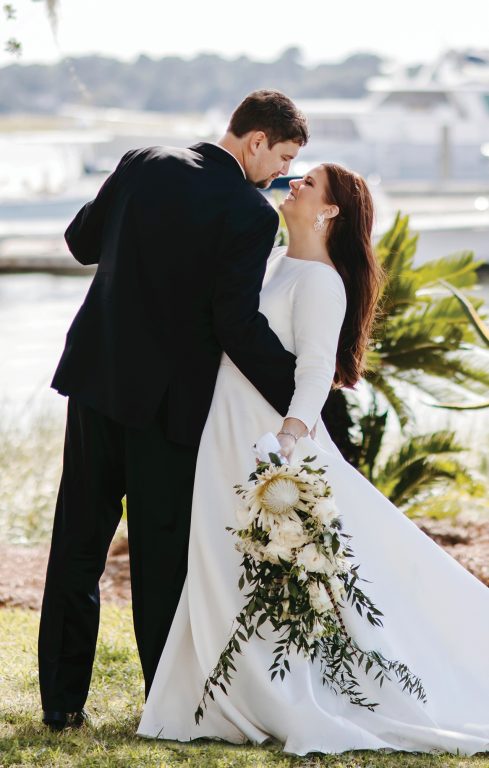 Bride and groom embracing