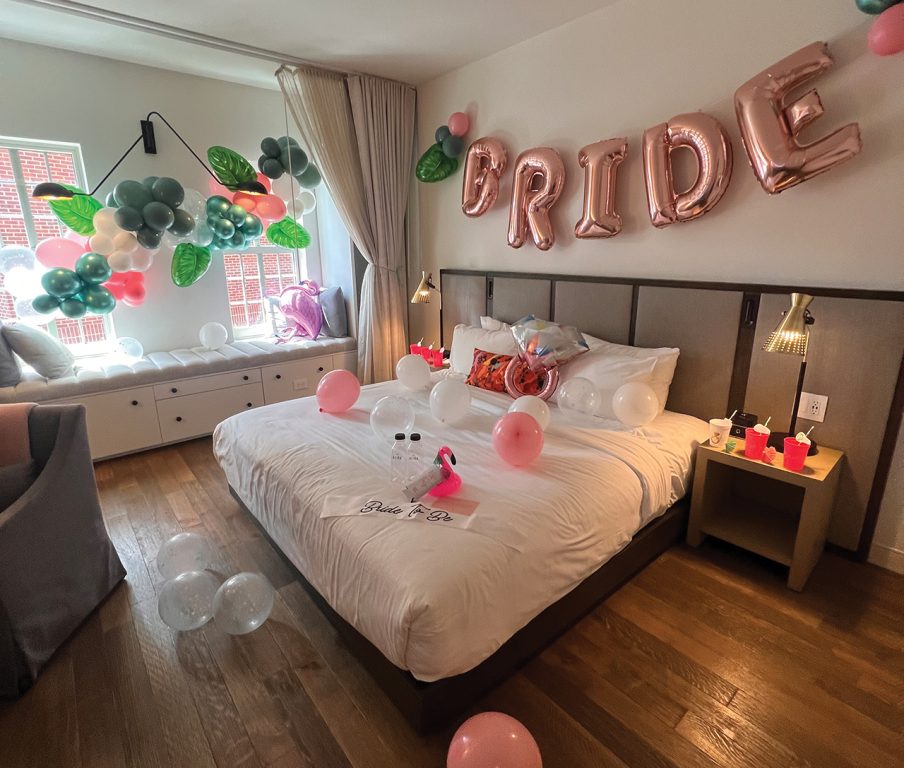 hotel room decorated for a bachelorette party