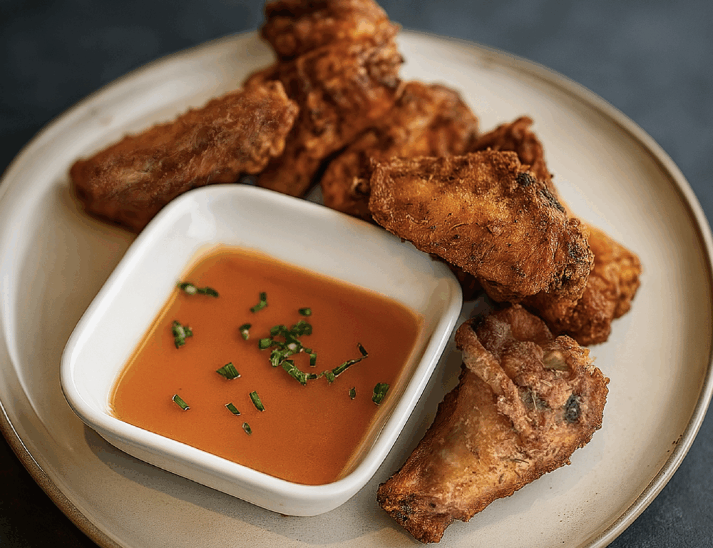 a plate of hot wings with sauce on the side