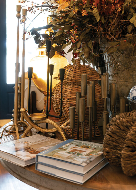 Home decorating books, candelabras, and other fall home decor