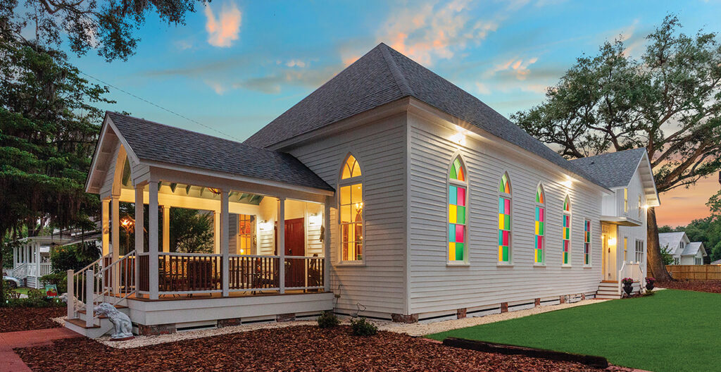 Exterior of a former Thunderbolt church renovated into a home