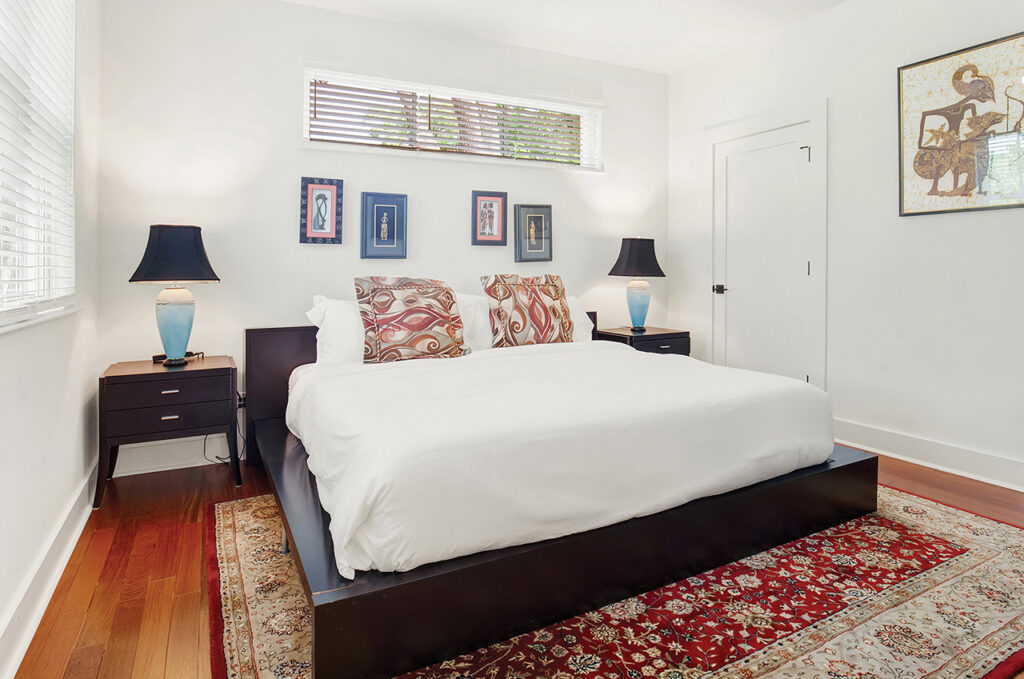 A bedroom in a renovated home that used to be a church