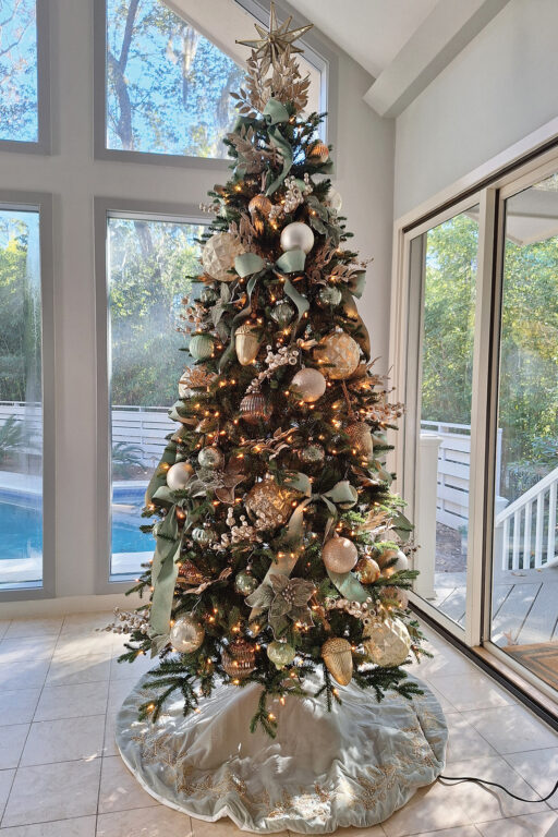 A Christmas tree on an enclosed patio