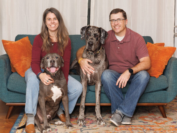 A woman and man sitting on a couch with a pitbull mix and a great dane