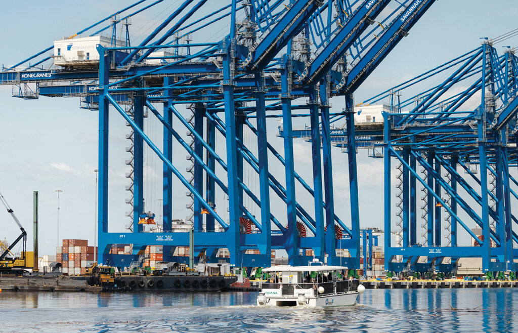 cranes that unload cargo ships in a port