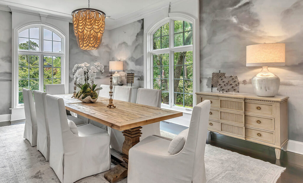 A hand-painted mural of gray and white clouds in the dining room