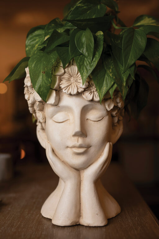 Planter shaped like a woman's head with a plant growing out the top