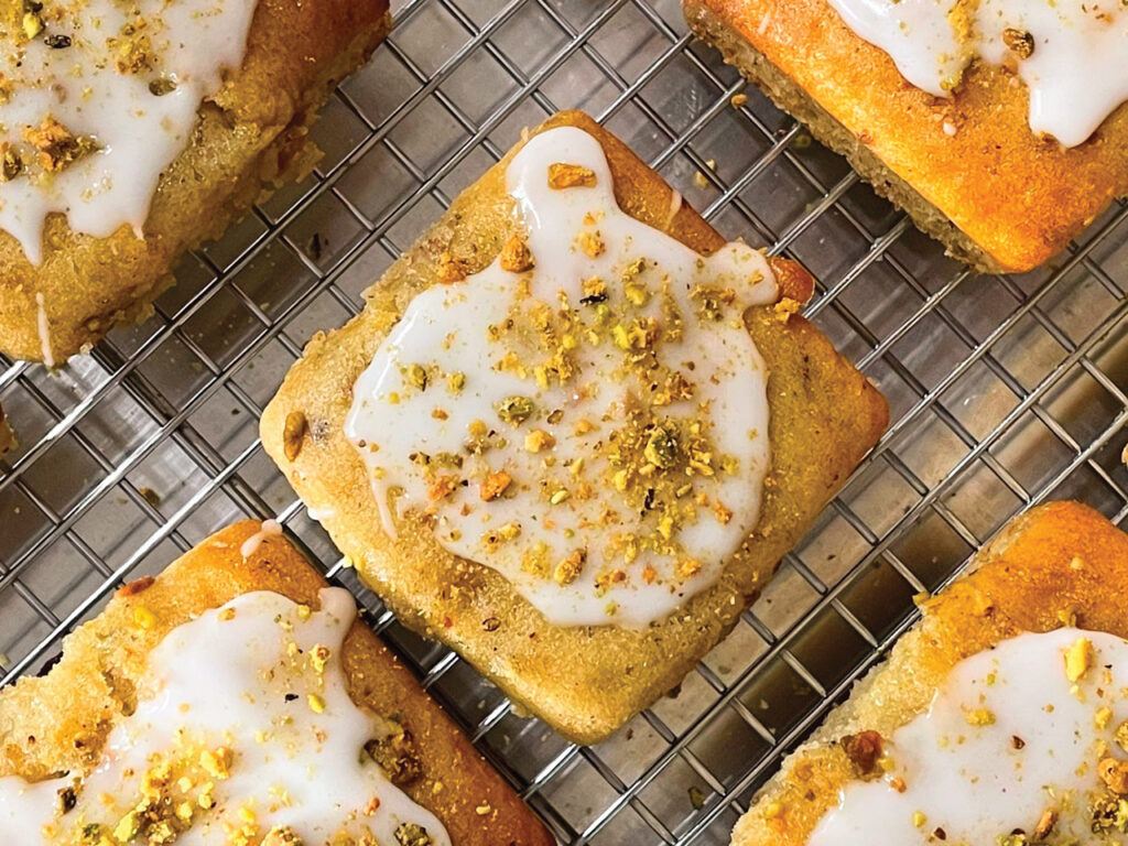 Pistachio loaf on a cooling rack