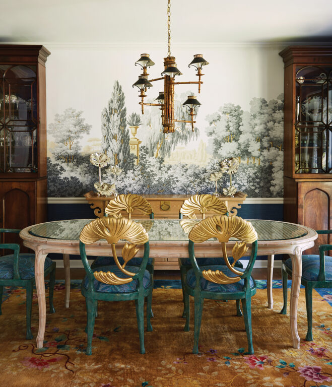 Hand-block-printed Zuber mural on the dining room wall