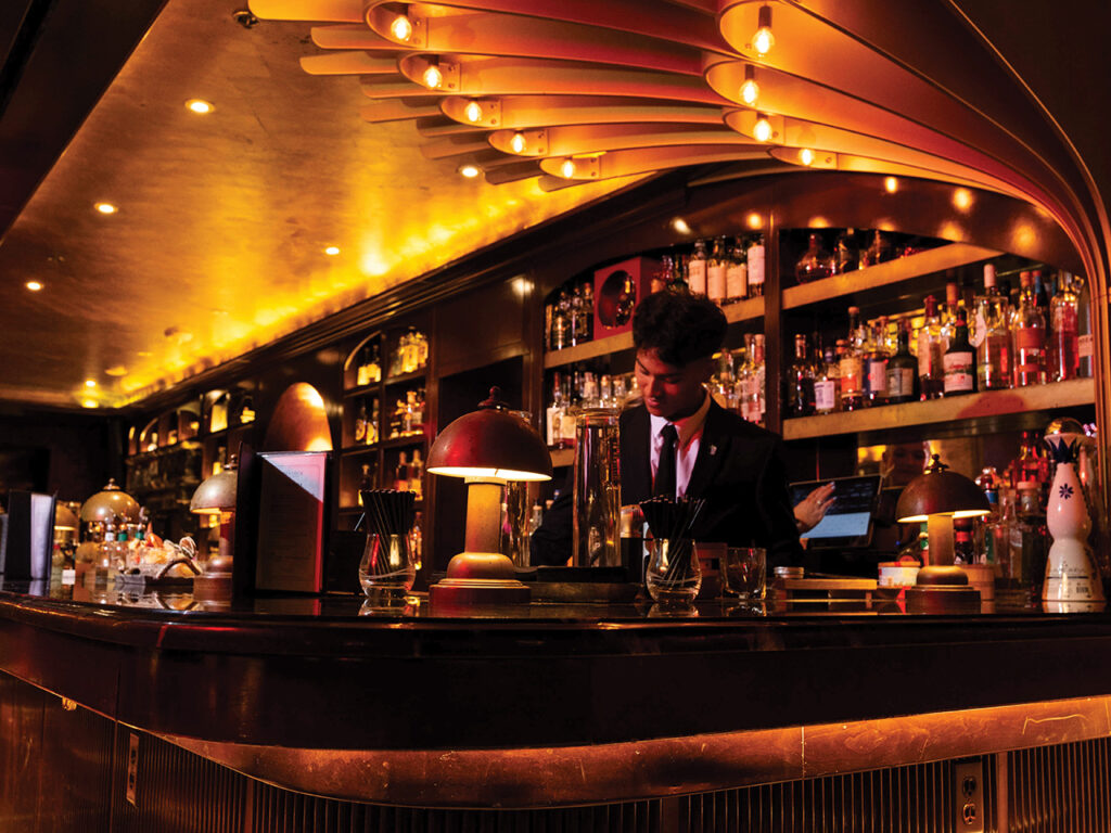 Man in a tie behind a bar