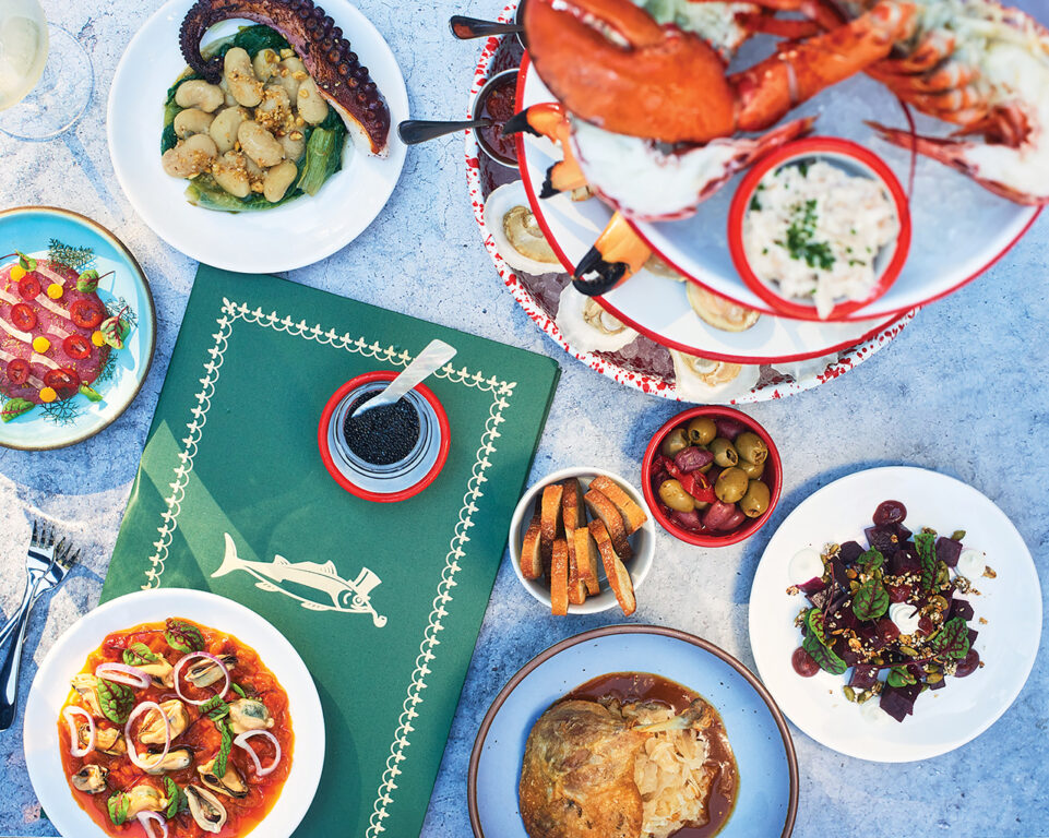 a top down view of a table full of plates of food