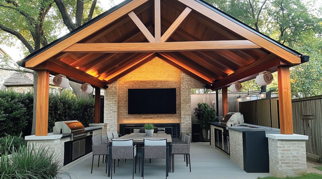 An outdoor kitchen and dining area under a pergola with an outdoor AV system