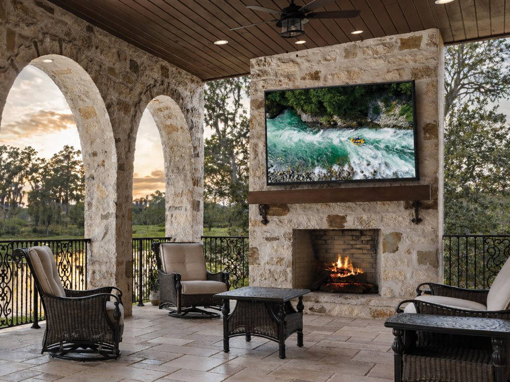 An outdoor seating area with a TV hanging over the fireplace